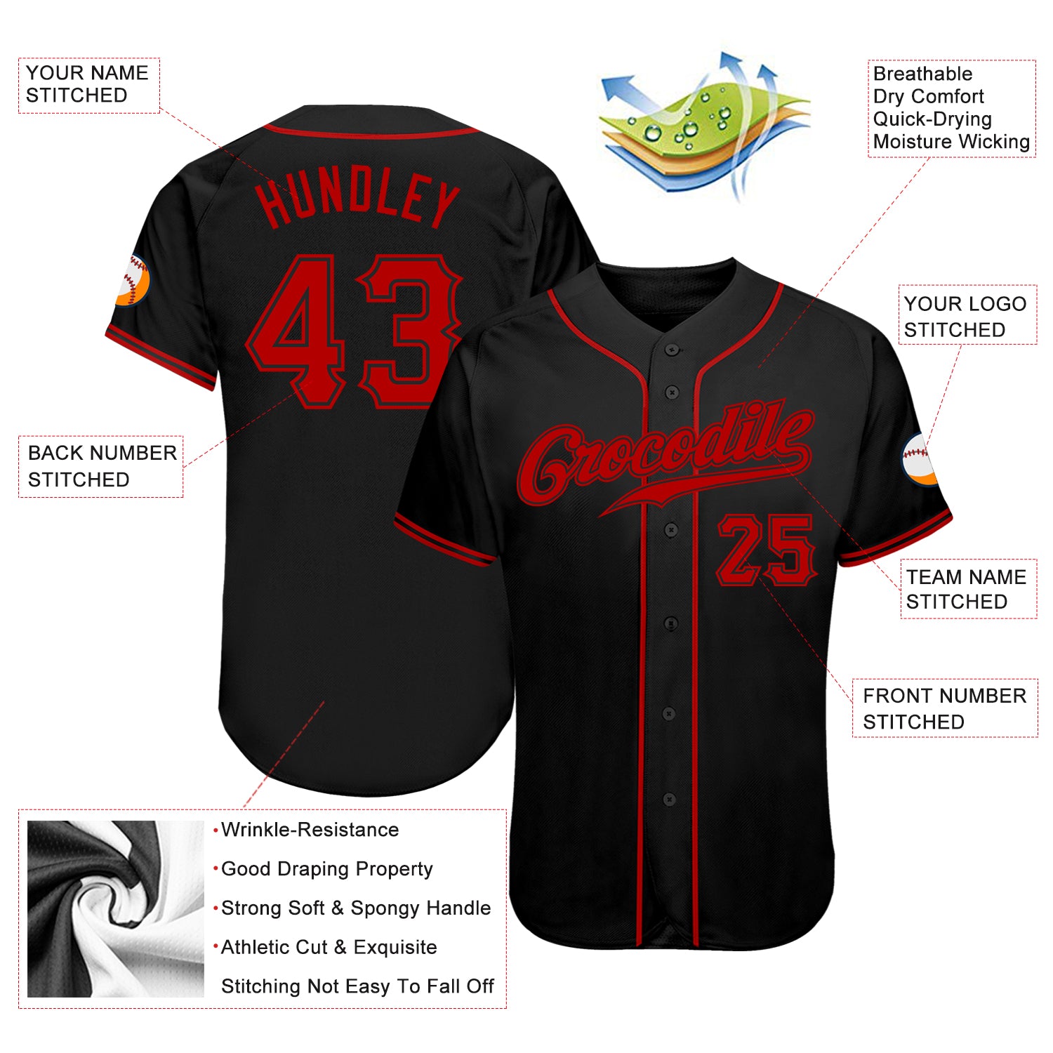 Custom Black Red Authentic Baseball Jersey - Image 4