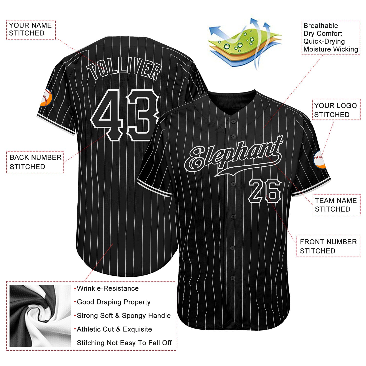 Custom Black White Pinstripe Black-White Authentic Baseball Jersey - Image 3