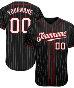 Custom Black White Pinstripe White-Red Authentic Baseball Jersey