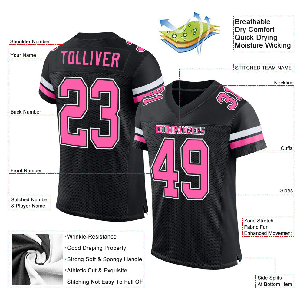 Custom Black Pink-White Mesh Authentic Football Jersey - Image 2