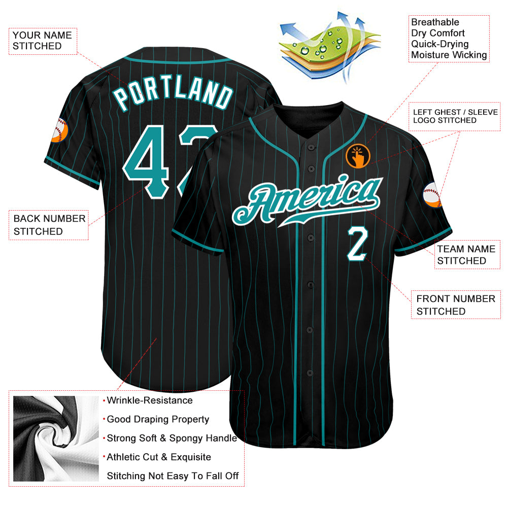 Custom Black Aqua Pinstripe Teal-White Authentic Baseball Jersey - Image 3