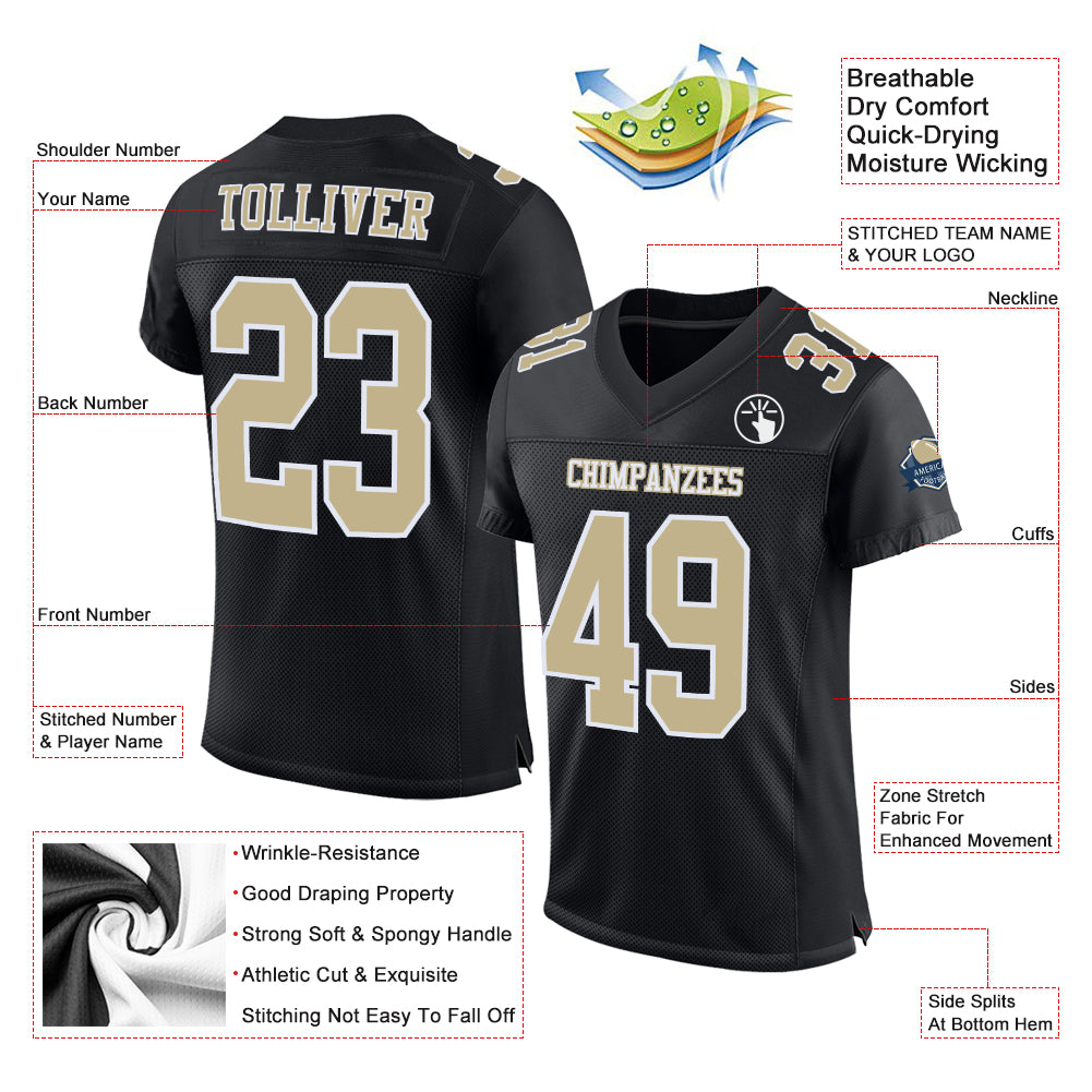 Custom Black Vegas Gold-White Mesh Authentic Football Jersey - Image 2
