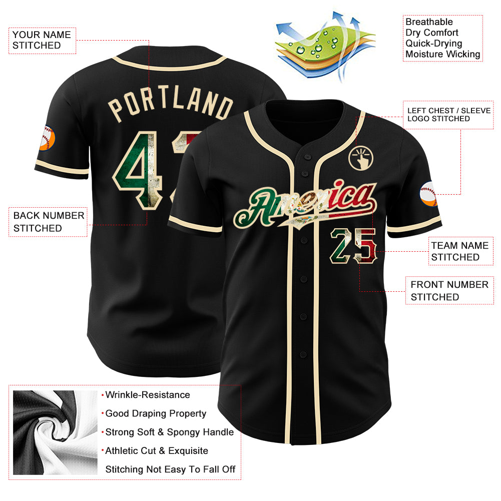 Custom Black Vintage Mexican Flag-City Cream Authentic Baseball Jersey - Image 4