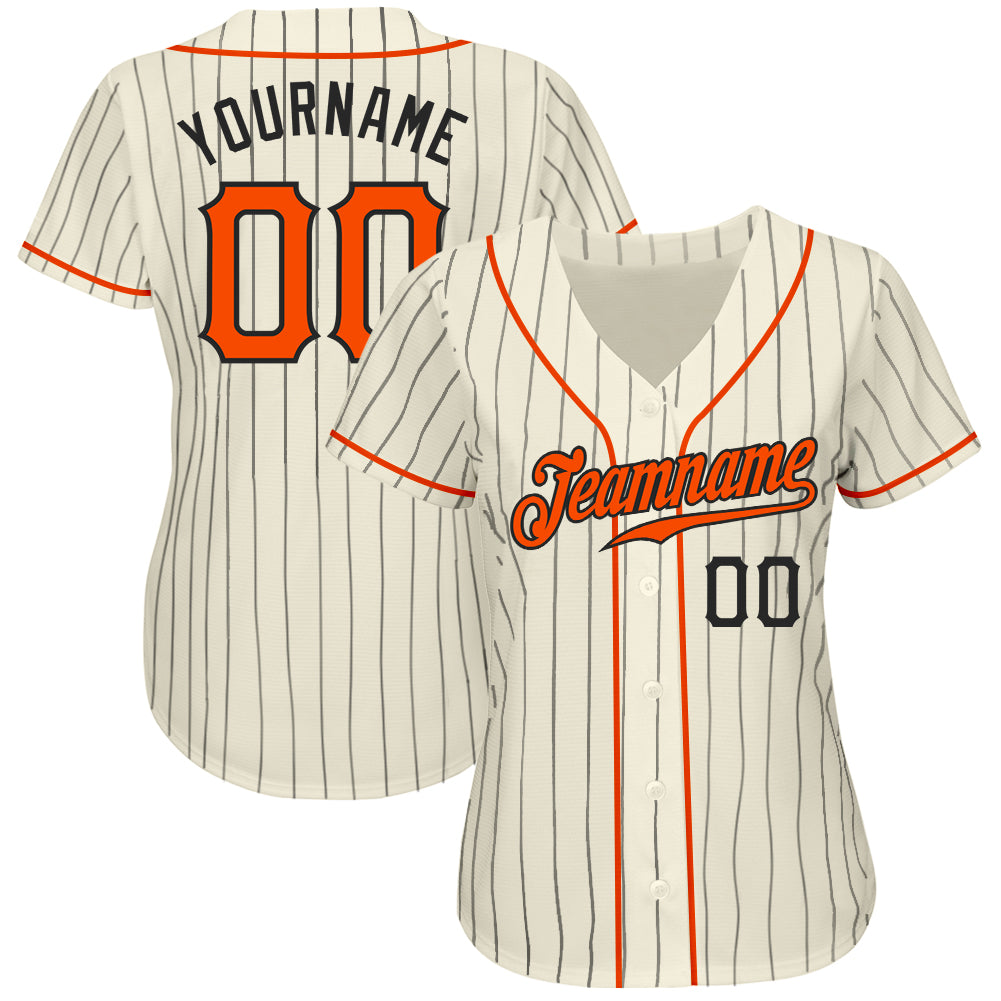 Custom Cream Black Pinstripe Orange-Black Authentic Baseball Jersey - Image 3