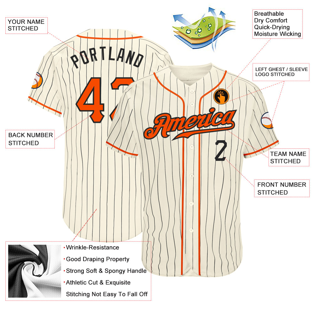 Custom Cream Black Pinstripe Orange-Black Authentic Baseball Jersey - Image 4