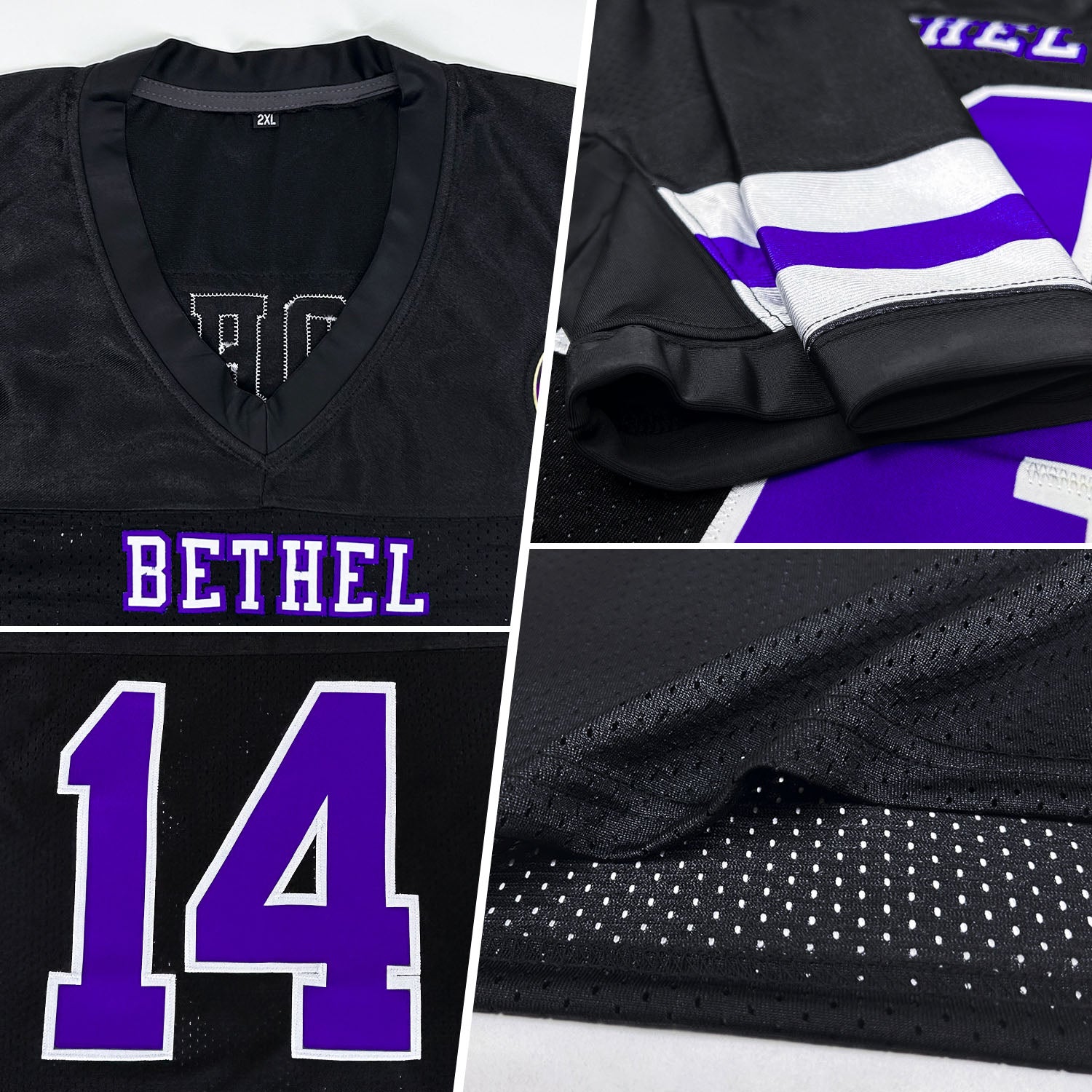 Custom Black Purple-White Mesh Authentic Football Jersey - Image 2
