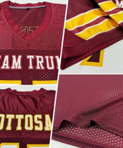 Alternative view of Custom Burgundy White-Gold Mesh Authentic Football Jersey