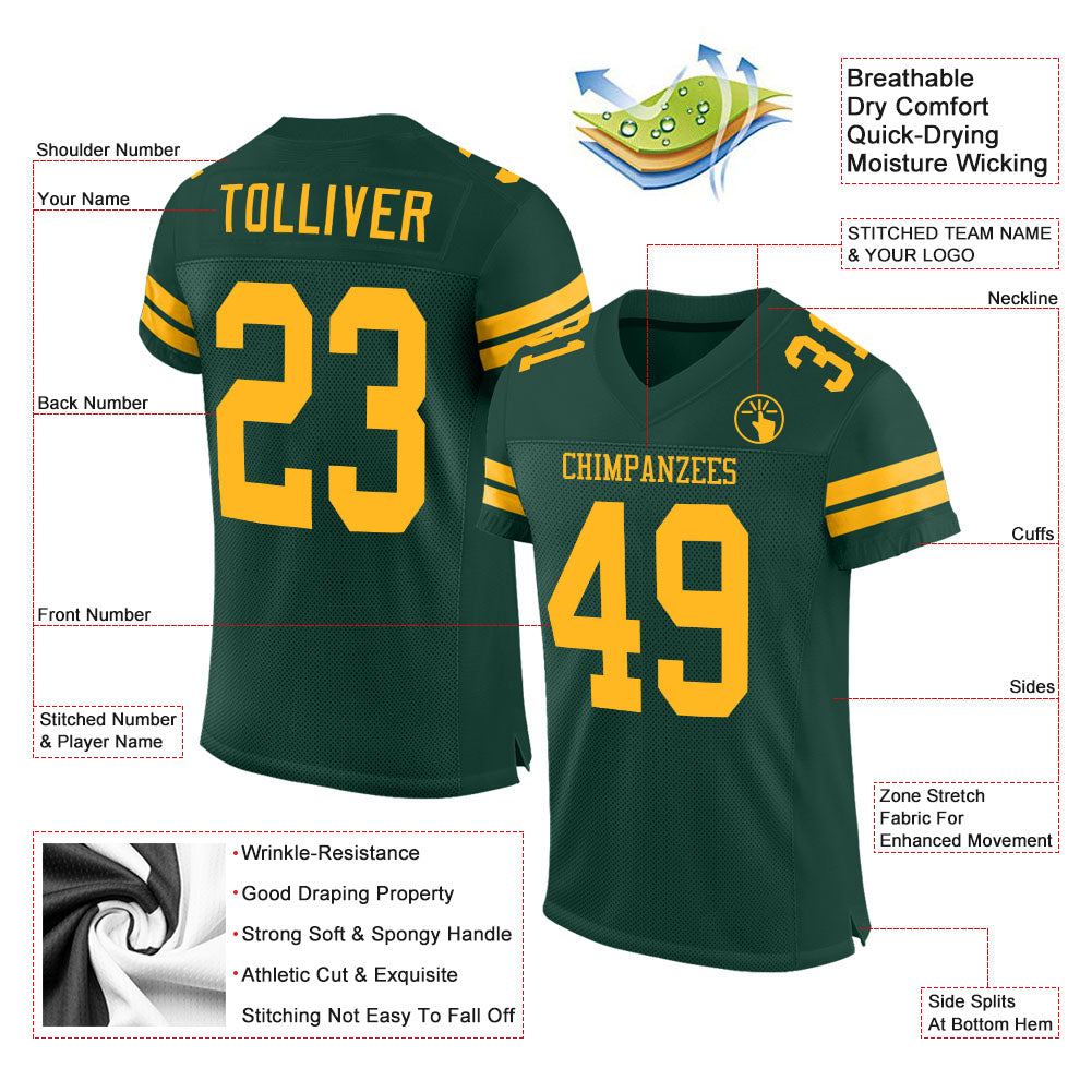 Custom Green Gold Mesh Authentic Football Jersey - Image 2