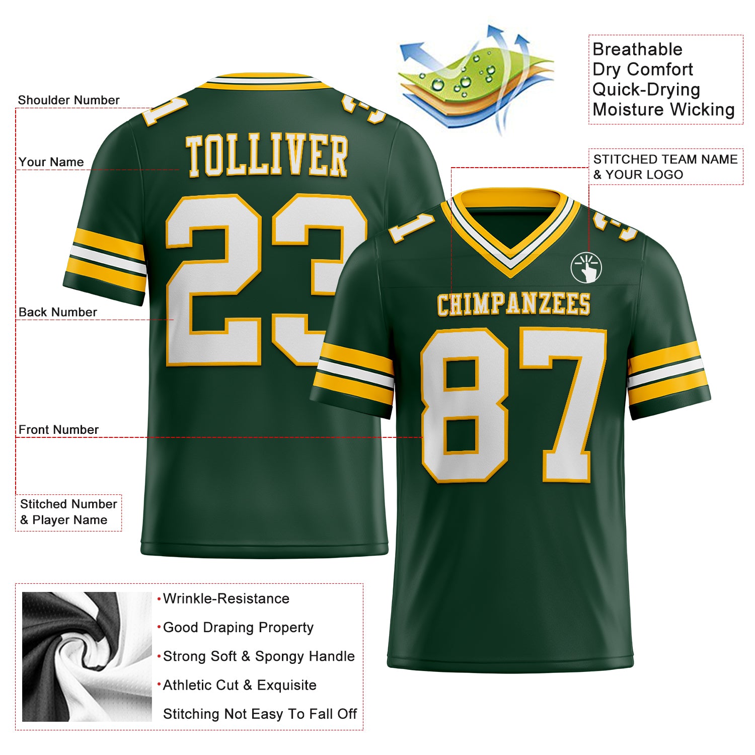Custom Green White-Gold Authentic Football Jersey - Image 3