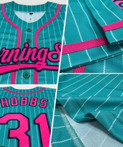 Alternative view of Custom Aqua White Pinstripe Pink-Navy Authentic Baseball Jersey