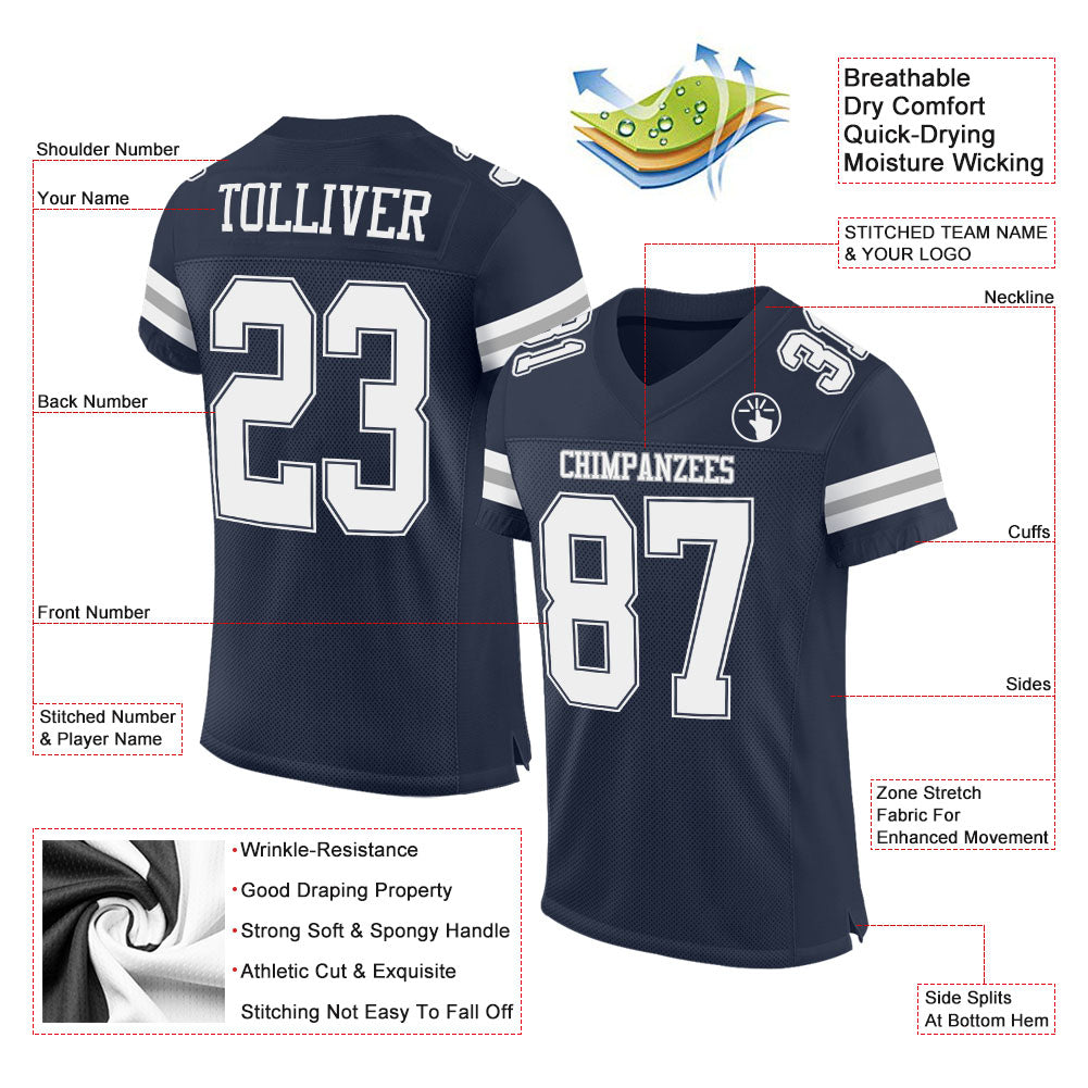 Custom Navy White-Gray Mesh Authentic Football Jersey - Image 2