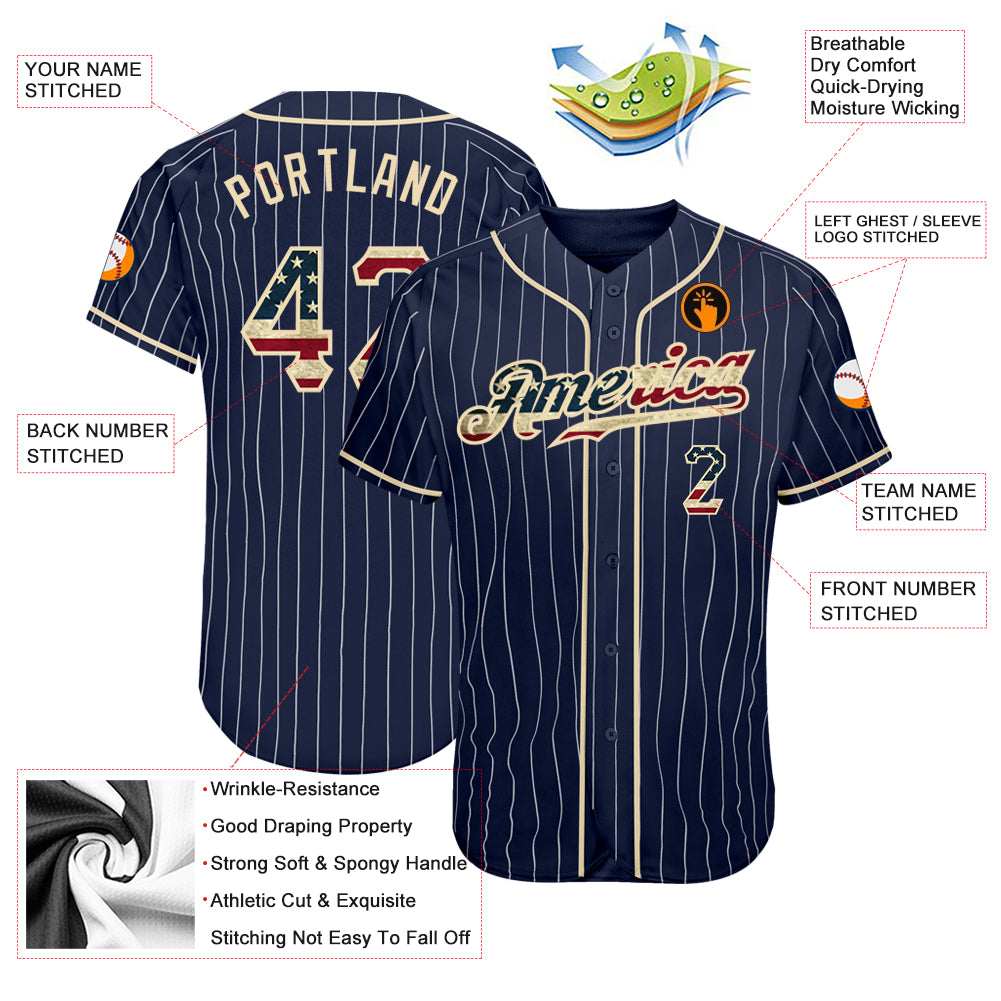 Custom Navy White Pinstripe Vintage USA Flag-Cream Authentic Baseball Jersey - Image 4