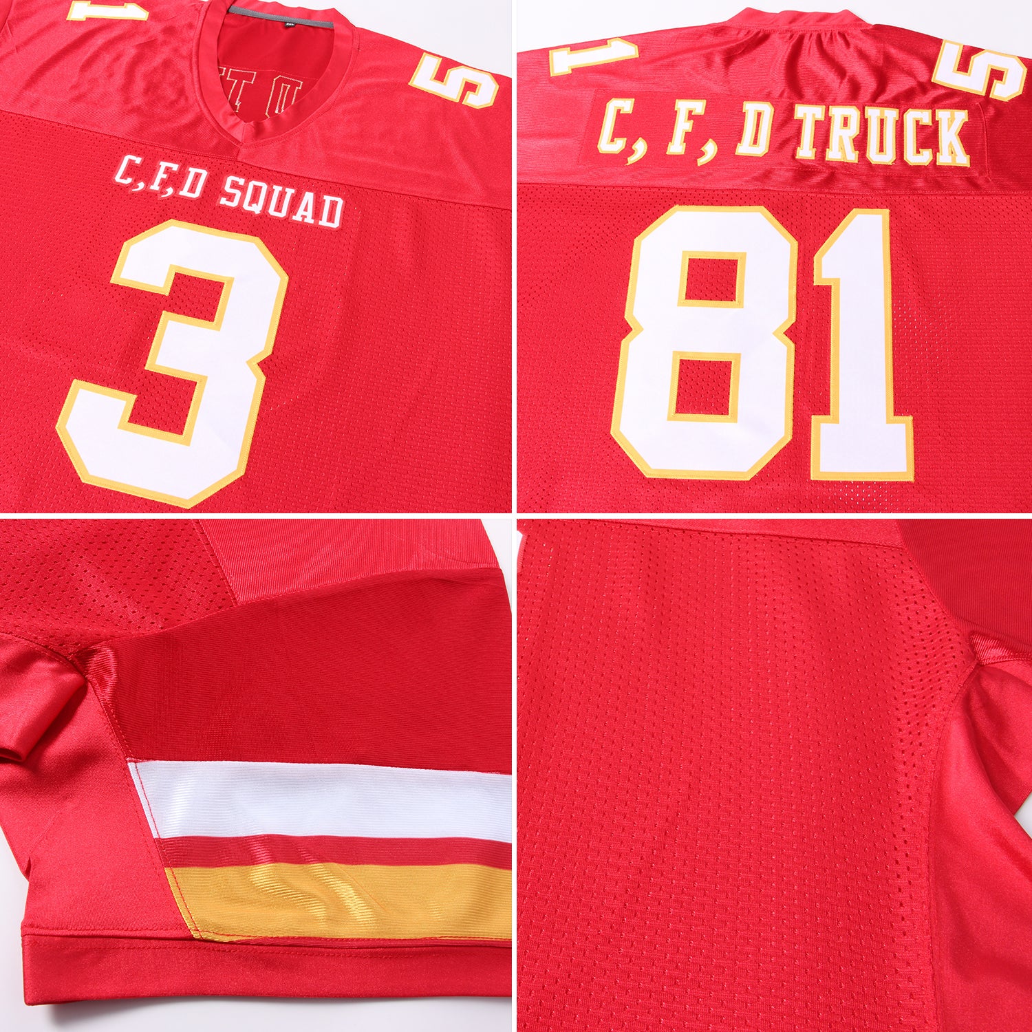 Custom Red White-Gold Mesh Authentic Football Jersey - Image 6