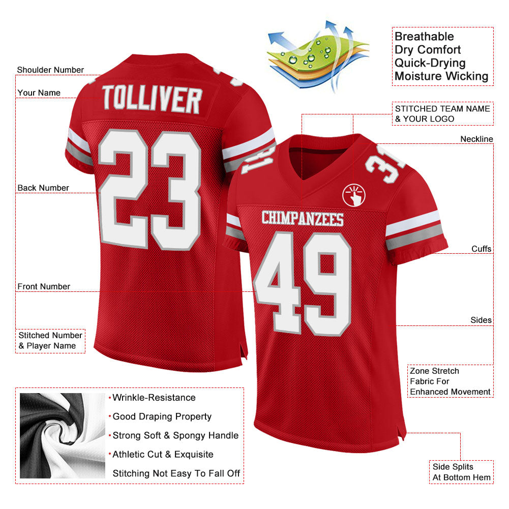 Custom Red White-Gray Mesh Authentic Football Jersey - Image 2