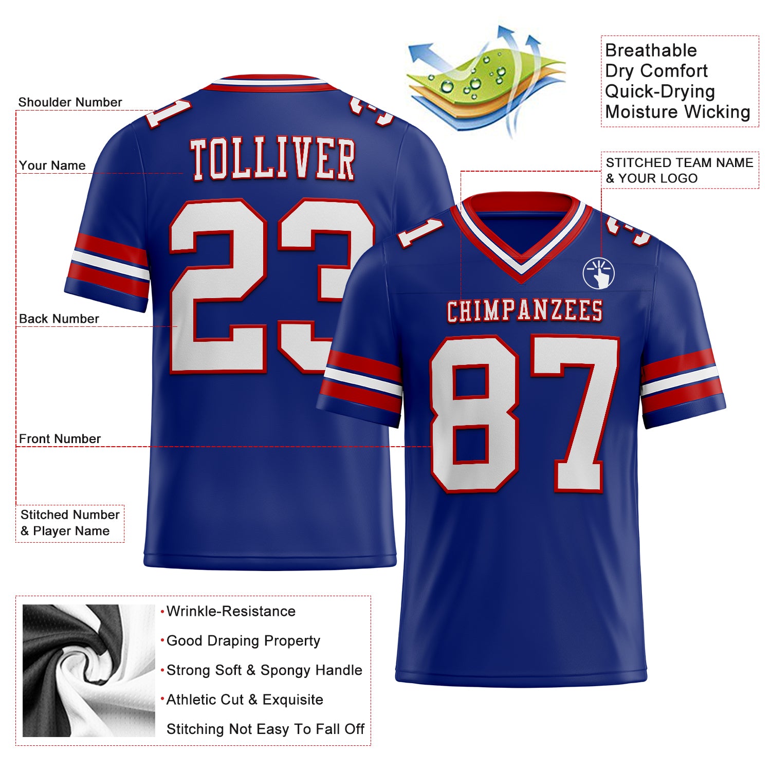 Custom Royal White-Red Authentic Football Jersey - Image 2
