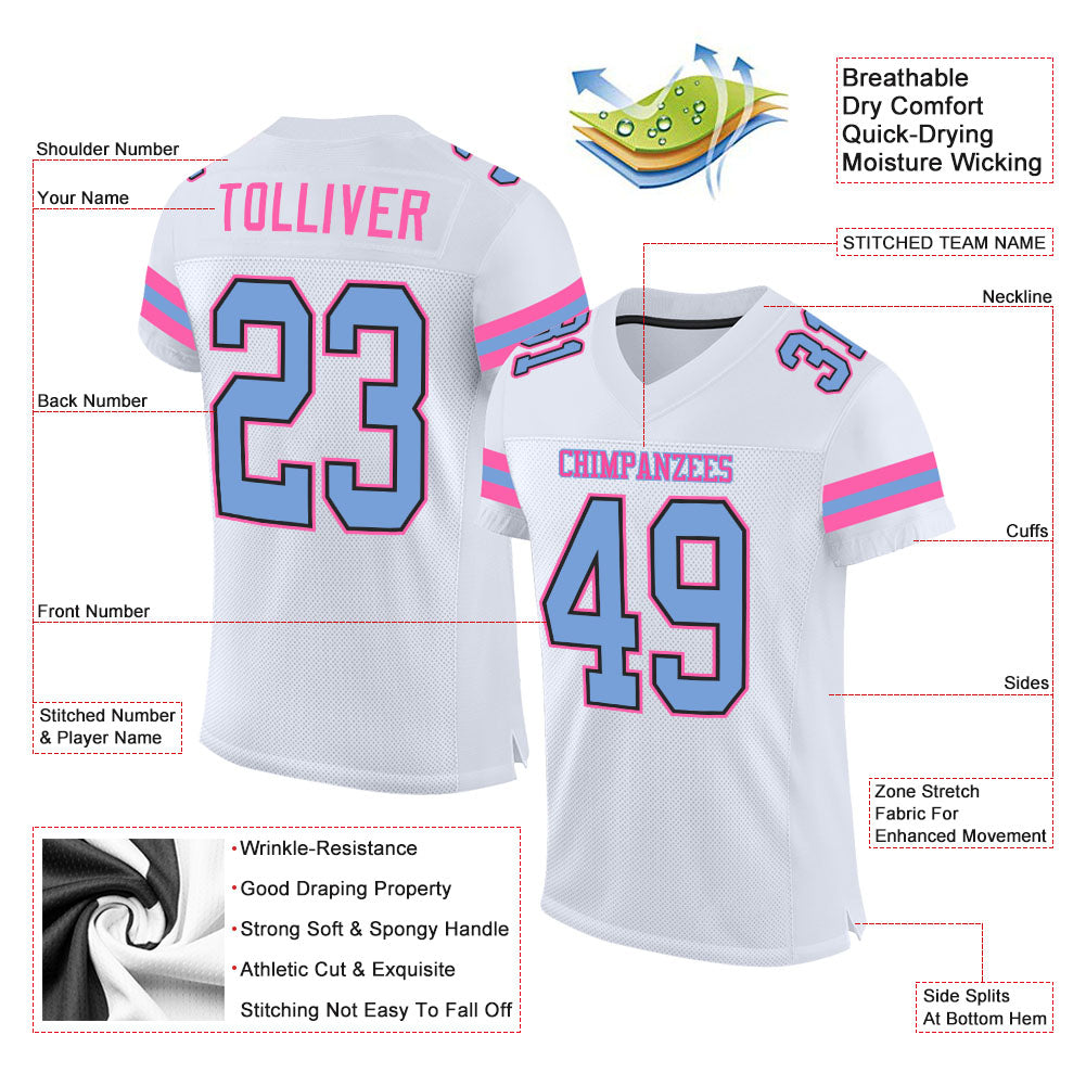 Custom White Light Blue-Pink Mesh Authentic Football Jersey - Image 3