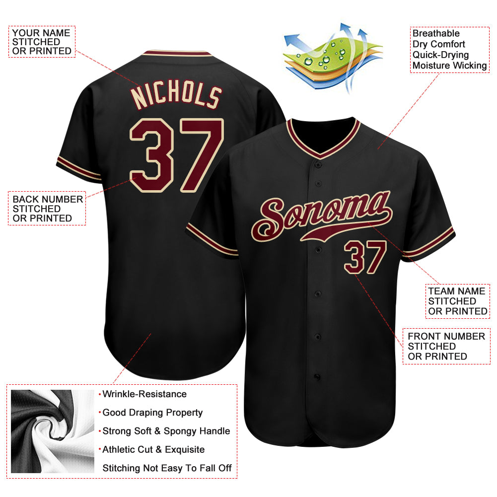 Custom Black Crimson-City Cream Authentic Baseball Jersey - Image 3