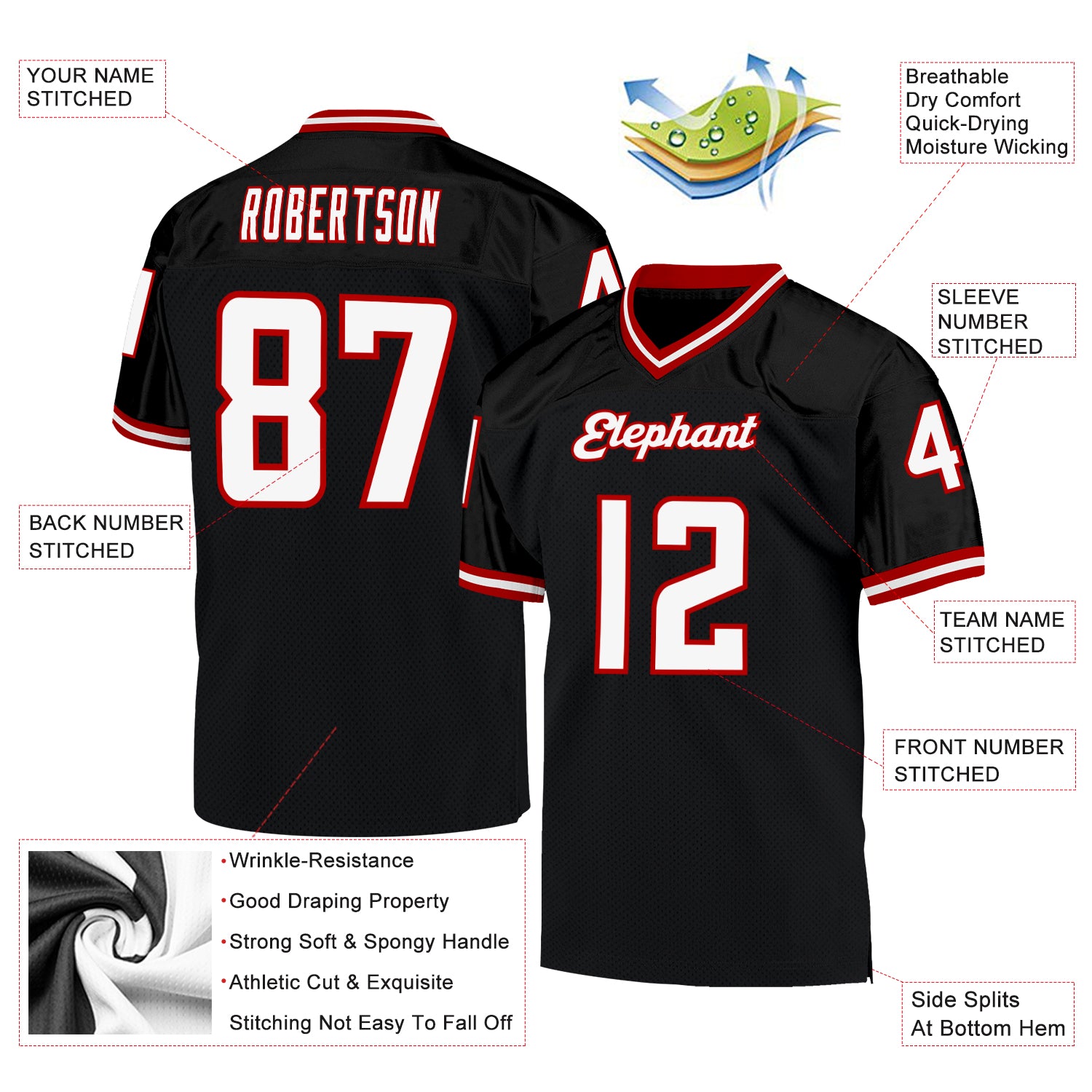 Custom Black White-Red Mesh Authentic Throwback Football Jersey - Image 4