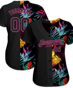 Alternative view of Custom Black Black-Pink 3D Pattern Design Tropical Palm Leaves Authentic Baseball Jersey