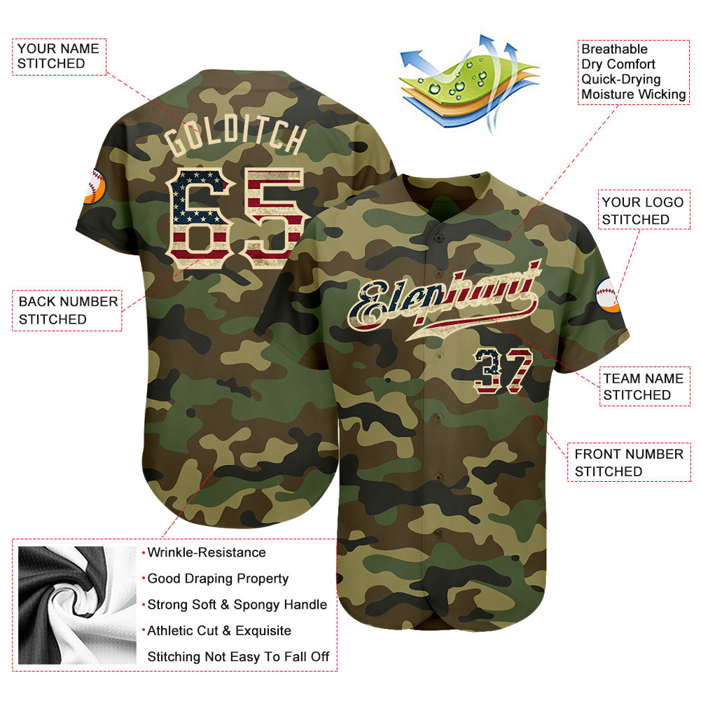 Custom Camo Vintage USA Flag-Cream Authentic Salute To Service Baseball Jersey - Image 4