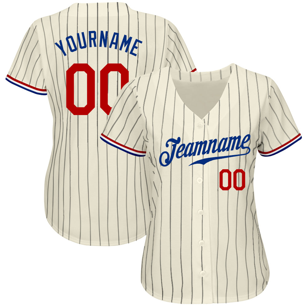 Custom Cream Black Pinstripe Red-Royal Authentic Baseball Jersey - Image 3