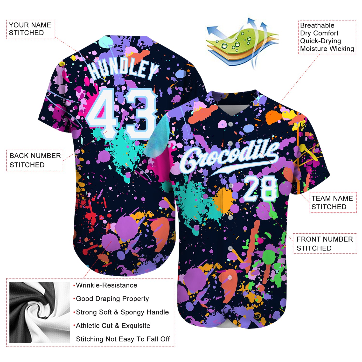 Custom Splashes Graffiti Pattern White-Light Blue 3D Authentic Baseball Jersey - Image 4