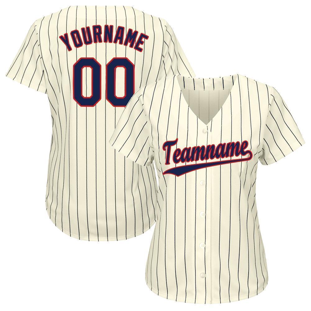 Custom Cream Navy Pinstripe Navy-Red Baseball Jersey - Image 3