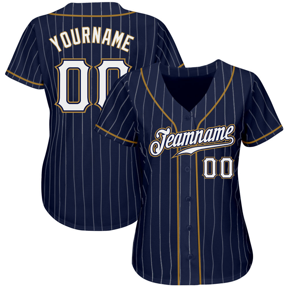 Custom Navy White Pinstripe White-Old Gold Authentic Baseball Jersey - Image 3