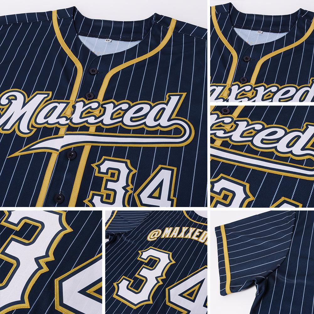Custom Navy White Pinstripe White-Old Gold Authentic Baseball Jersey - Image 2
