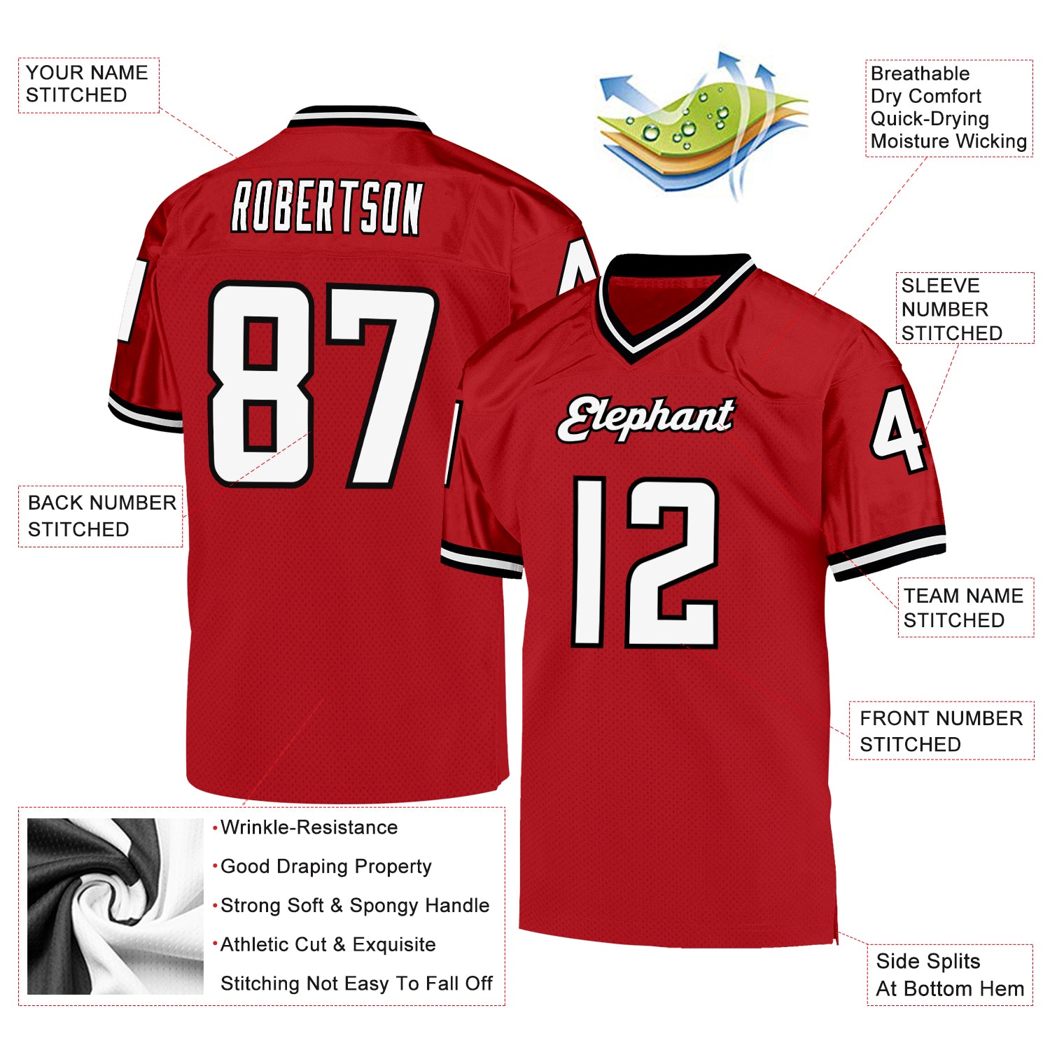 Custom Red White-Black Mesh Authentic Throwback Football Jersey - Image 4