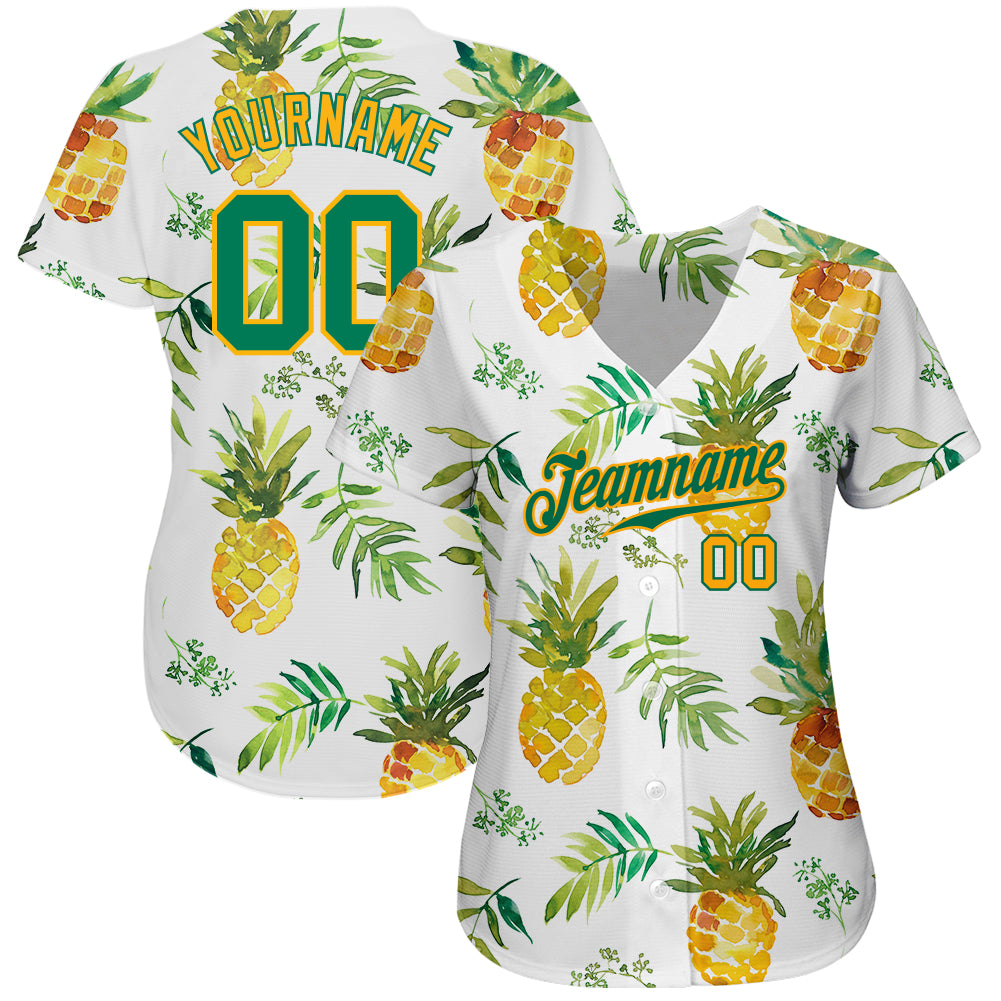 Custom White Kelly Green-Gold 3D Pattern Design Hawaii Pineapples Authentic Baseball Jersey - Image 3